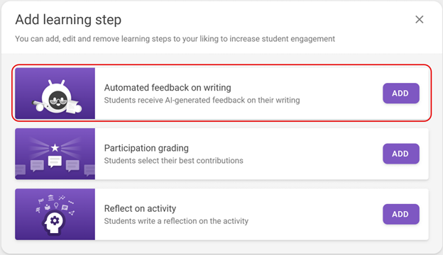 The "Add learning step" section in FeedbackFruits Peer Review and Assignment Review settings. The "Automated feedback on writing" option is highlighted, with a "add" button showing on the right.