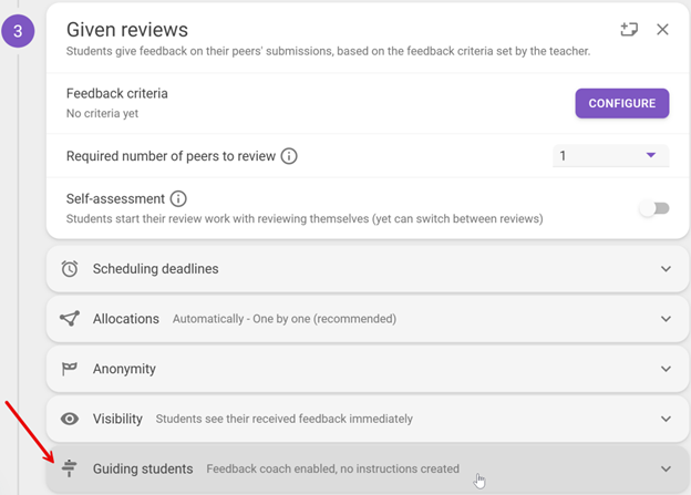 The "Given Reviews" section in FeedbackFruits Peer Review Assignment setting. The "Guiding Students" option is highlighted, showing that the Feedback Coach is enabled.